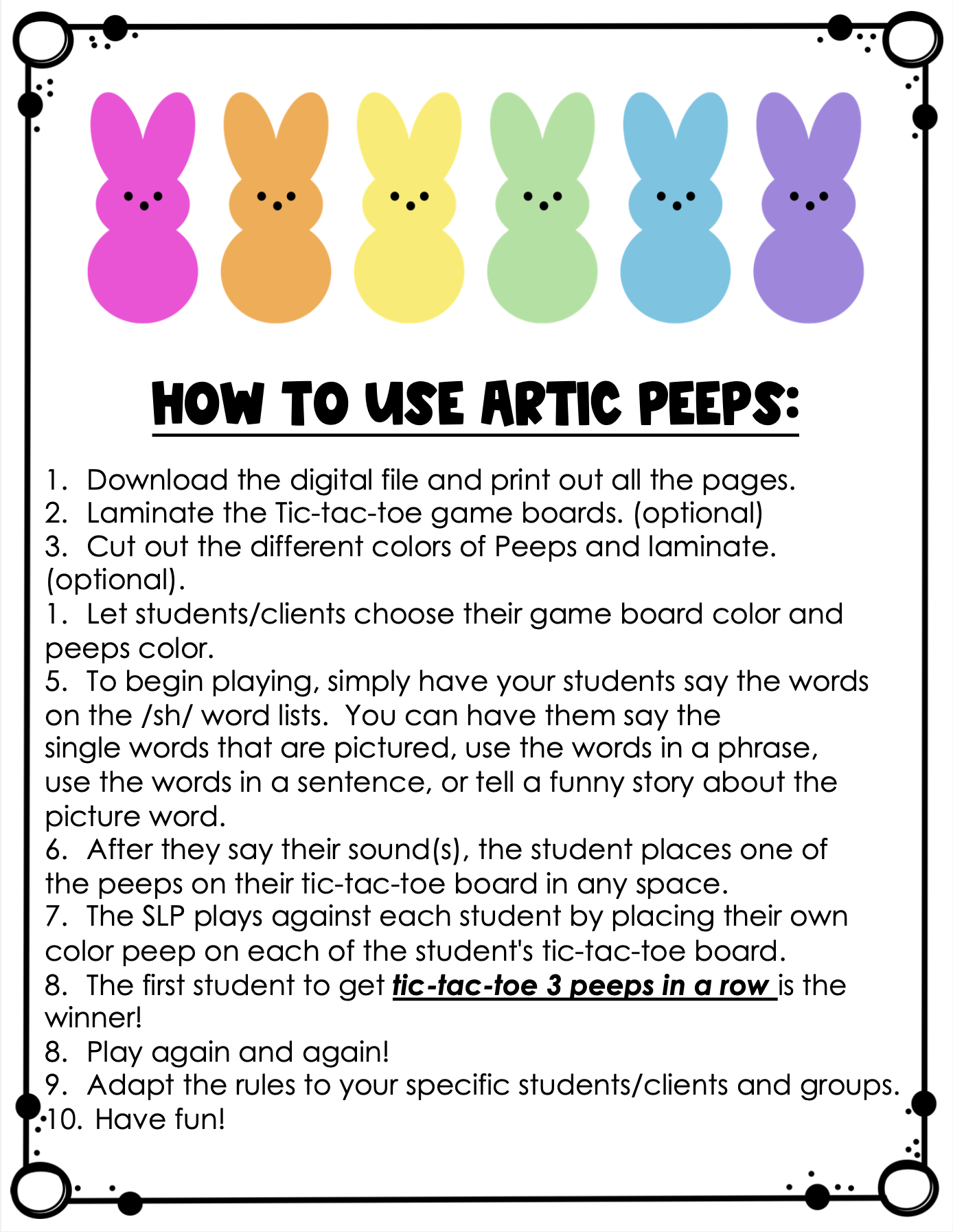 Directions for how to play the articulation game with colorful peeps