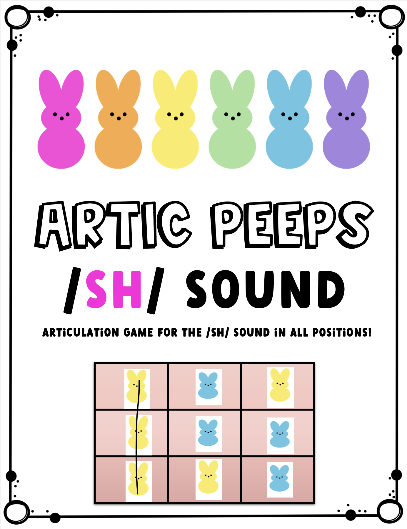 Articulation game for speech therapy for the sh sound in words with peeps for easter or spring